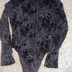 SHEIN Black Floral Velvet Burnout Long Sleeve Bodysuit